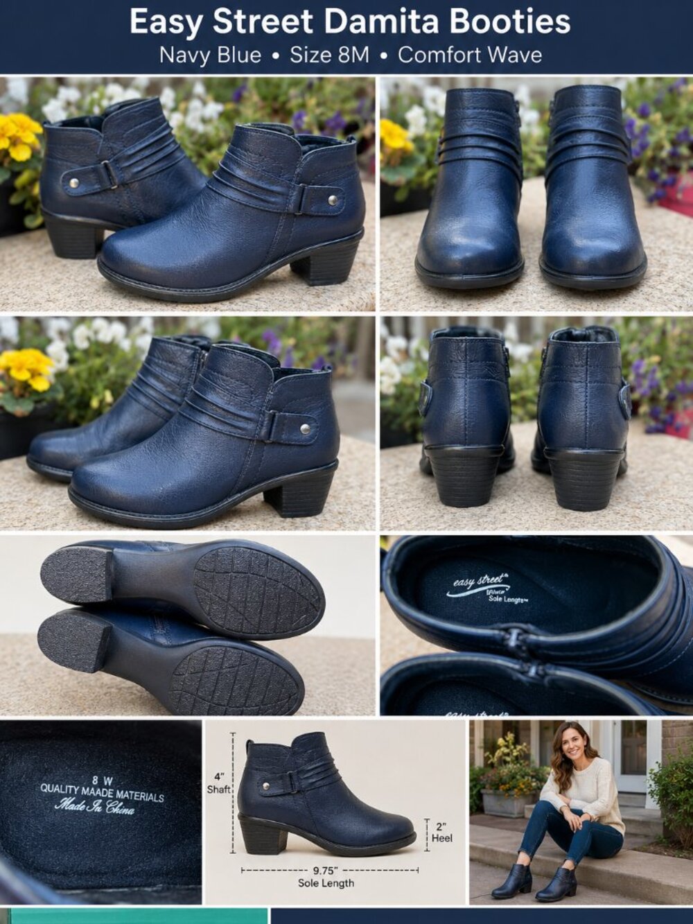💙 Easy Street Damita Ankle Booties Size 8M | Navy Blue | Comfort Wave